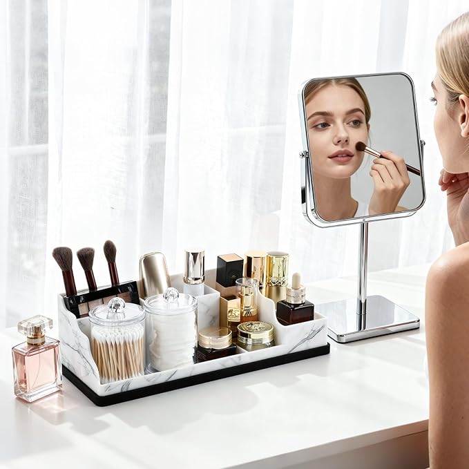 Bathroom Counter Organizer,Toothbrush Holder with 2PCS Qtip Holder Dispenser,Stylish Countertop Bathroom Sink Caddy and Toothpaste Holde,Counter Vanity Organizer for Toiletries and Accessories