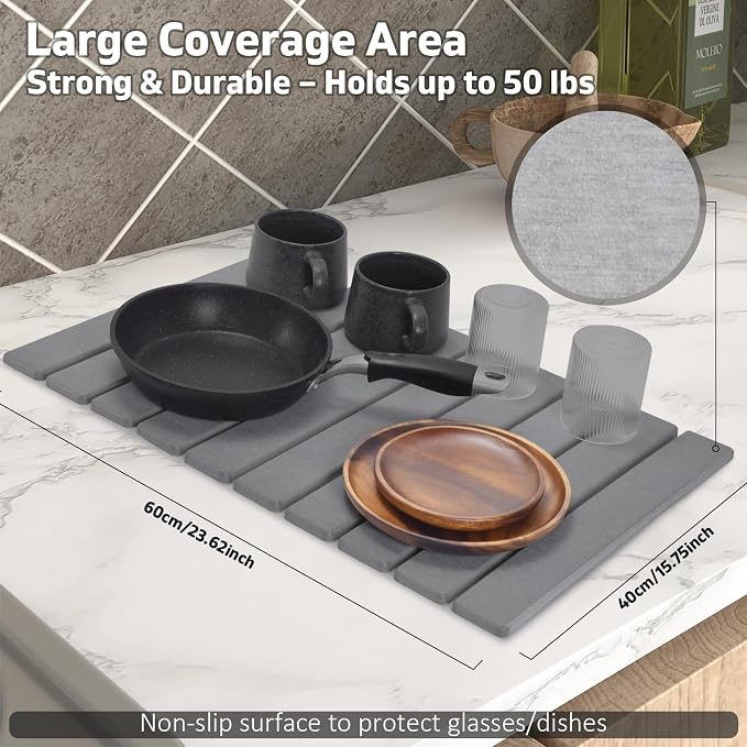Large Stone Dish Drying Mat for Kitchen Counter, 24"(L)×16"(W) Collapsible Quick Drying Dish Mats, Ultra Absorbent Diatomaceous Earth Mats for Bottles, Match Any Countertop