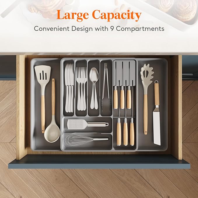 Lifewit Silverware Organizer for Kitchen Drawers, Expandable Utensil Tray with Removable Knife Block, Adjustable Cutlery and Flatware Holder, Plastic Spoon Forks Holder Storage Divider, Gray