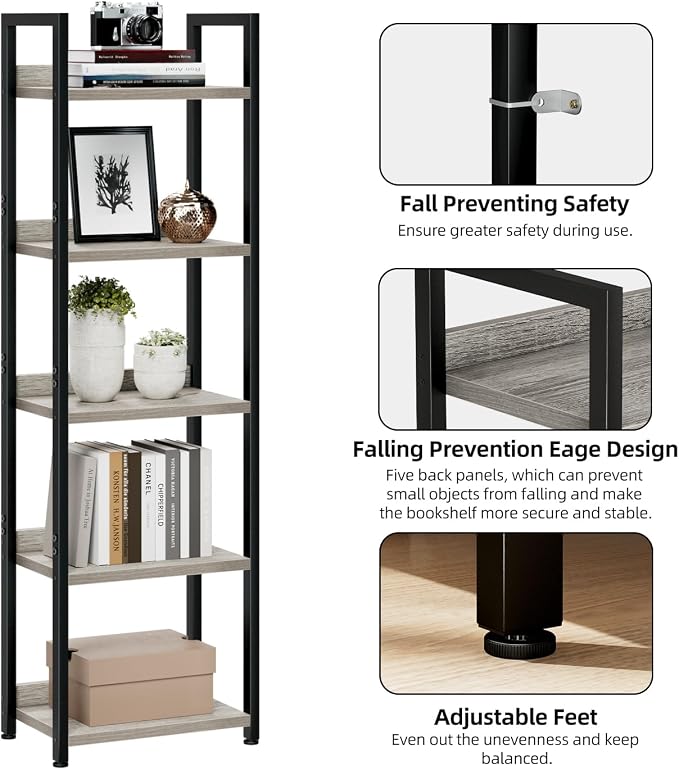 NUMENN Narrow Bookshelf, 5 Tier Freestanding Shelving Unit, Grey | Metal Frame & Wood Shelves, Falling Prevention Baffle, Open Storage Bookcase for Bedroom, Living Room & Home Office