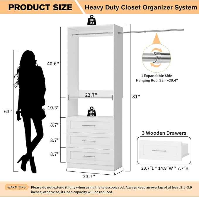 Closet System with 3 Drawers, 2FT-5FT Customizable Closet Organizer System with Hanging Rods& Shelves, Fits Small Walk-in Closet, Modular Closet Tower, Wooden Freestanding Closet Storage System, White
