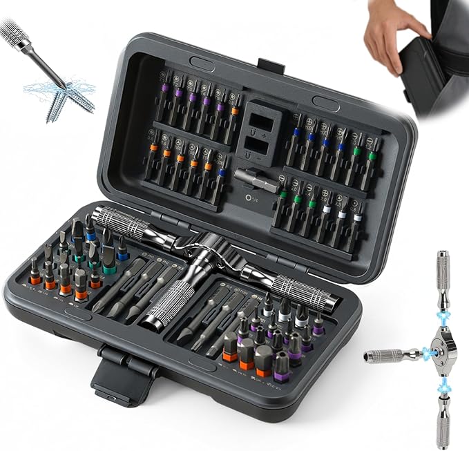AirPlus 66-in-1 Magnetic Ratchet Screwdriver S2 Bits & T-Handle for Home | 2-Way Ratchet,Non-Slip Grip, Built-in Magnetizer, Portable Case, Color-Coded Bits, for Home/Electronics/DIY
