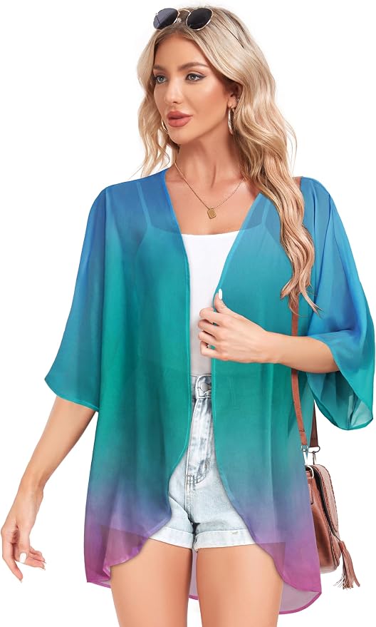 Women Kimono Cardigans Summer Cover Up Hawaiian Shirts Floral Print Tops | ROSEMIA chiffon kimono open front cardigans, beach cover ups, daily casual tops, cruise outfits, summer resort wear