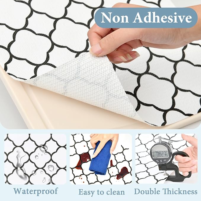 Shelf Drawer Liners for Kitchen Cabinets 12 in X 10 Ft Drawer Liner | Non Adhesive Thickened Refrigerator Liner Black Quatrefoil Strong Non-Slip Paper for Tool Box with Knife and Tape Measure