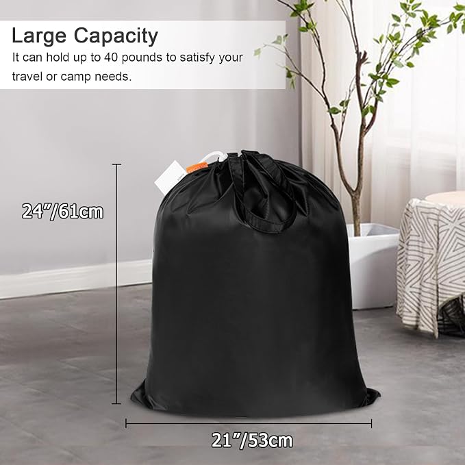 Extra Heavy-Duty Laundry Bag 21x24”- Machine Washable Small Storage Bag with Reinforced Handles & Drawstring Closure & ID Tag for College Dorm Travel - Black