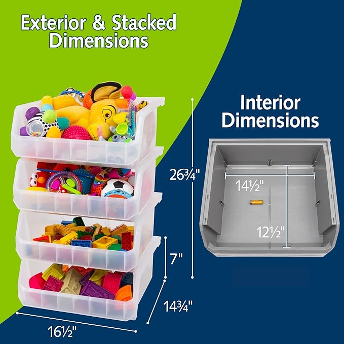 ReadySpace Extra Large Plastic Storage Bins, Stackable Organizer Containers for Closet Pantry Shelf Garage and Office Organization, Clear, 4 Pack | Open-Front Stackable Bins For Garage, Pantry, Closet & Office, 14,8"L X 16,5"W X 7"H, Nests When Empty, ...