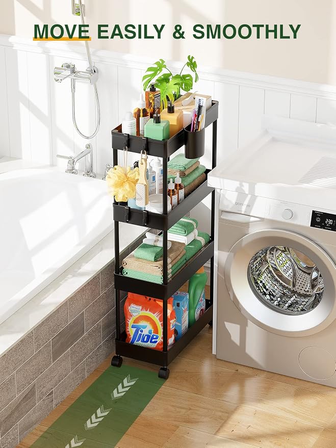 LEHOM Slim Rolling Storage Cart - 4 Tiers Bathroom Organizer Utility Cart | Slide Out Storage Shelves Mobile Shelving Unit for Kitchen, Bedroom, Office, Laundry Room, Small Narrow Spaces (7.1" W+Black)