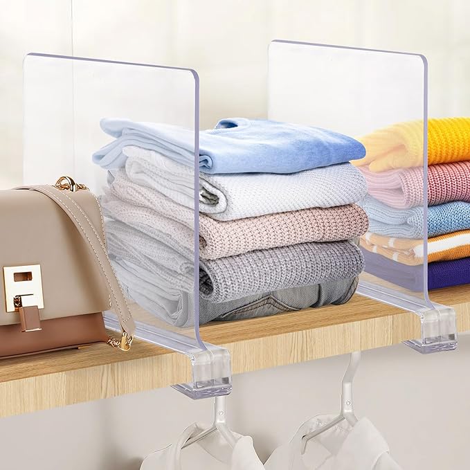 Clear Acrylic Shelf Dividers for Closets Organizer & Storage,12 Pack | Adjustable Vertical Wood Shelf Closet Separators, Keep Clean, for Clothes,Book,Bags, in Bedroom and Kitchen