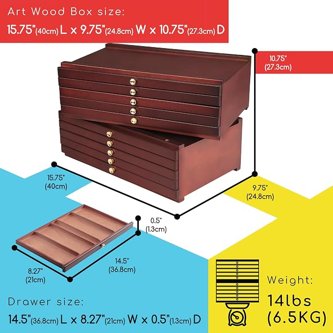 MEEDEN 10-Drawer Wood Artist Supply Storage Box, Portable Beechwood Multifunctional Pencil Brush Organizer Wood Box with Drawer&Compartments for Pastels, Pencils, Pens, Makeup Brushes(Deep Walnut)