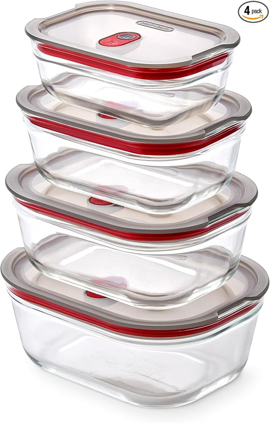 BLACK + BLUM Stack + Nest Glass Food Storage Container Set | Mix Set 4 Pack | Meal Prep Boxes with Airtight & Leak-Proof Lids. Borosilicate Glass, Oven, Air-Fryer, Microwave, Freezer & Dishwasher Safe