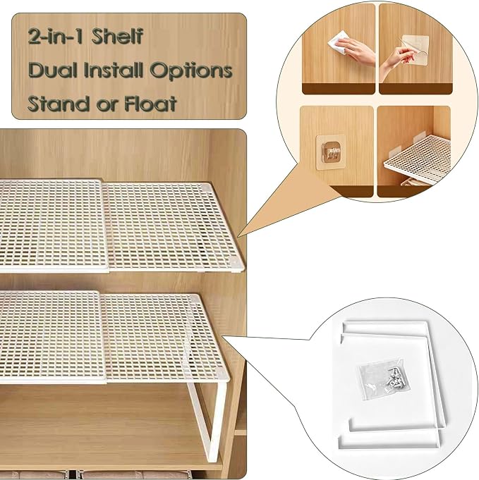2 in 1 Expandable Floating Metal Cabinet Shelf, White, 1pc | Adjustable, 2 In 1, Stand or Float, For Kitchen Pantry, Closet, Wardrobe