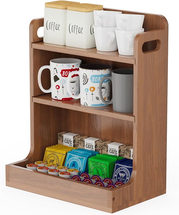 Solid Wood Matcha & Coffee Station Organizer, 3-Tier Countertop Mug Holder | Full Back Panel Thick Wood Construction, Built-in Side Handles, 3 Spacious Shelves Organize Mugs, Pods, Matcha, Tea, Spices