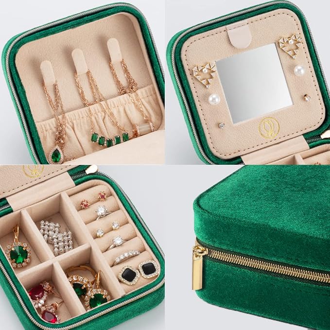 ZPROW Plush Velvet Travel Jewelry Case, Travel Jewelry Organizer, Jewelry Travel Case, Travel Jewelry Box, Small Jewelry Case, Jewelry Travel Box, Earring Organizer with Mirror - Emerald Green 4packs