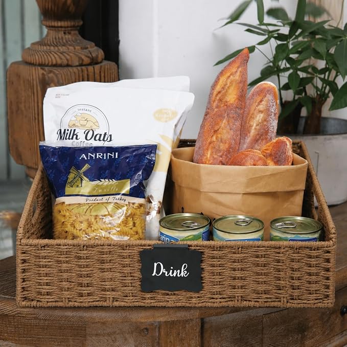 Wicker Baskets for Organizing, Pantry Baskets with Built-in Handles, Handwoven Wicker Storage Basket, Paper Storage Bins for Shelves, Small - 2pcs, Brown