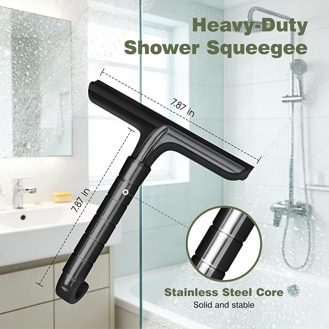 Roylvan Silicone Shower Squeegee, All-in-One Shower Squeegee for Glass Doors with Built-in Hook, Household Window Mirror Cleaner for Bathroom Glass Kitchen Tile Wall Car, Black