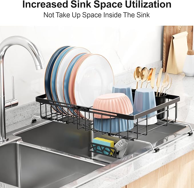 iSPECLE Over Sink Dish Drying Rack - Expandable Drainer for Kitchen, 12.7"W | Rust Resistant, Locking Knob Stability, for Small Kitchen, RV, Plates, Cups, Utensils, Black