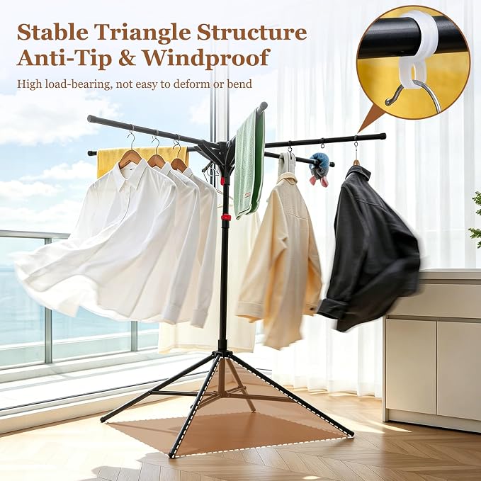 Adjustable Collapsible Umbrella Style Clothes Drying Rack, 4Legs6Telescopic Arms, Space-Saving Freestanding Laundry Airer with Windproof Clips, Easy Setup Indoor Outdoor (Black-Carbon Steel)