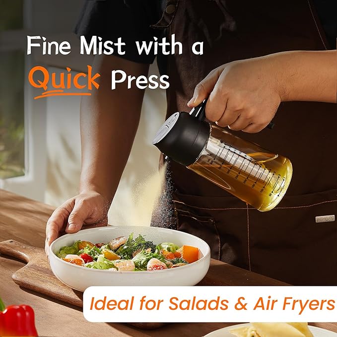 TrendPlain 16oz/470ml Glass Olive Oil Sprayer for Cooking – 2 in 1 Olive Oil Dispenser Bottle for Kitchen Gadgets and Air Fryer Accessories, Salad, BBQ - Black & Ash