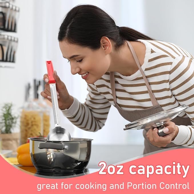 Teenyyou 16 Pcs Portion Control Serving Spoons, Restaurant Measuring Serving Ladle Utensils, Portion Control Slotted Scoops for Weight Loss, Solid and Perforated Scoops(Red,2 oz)