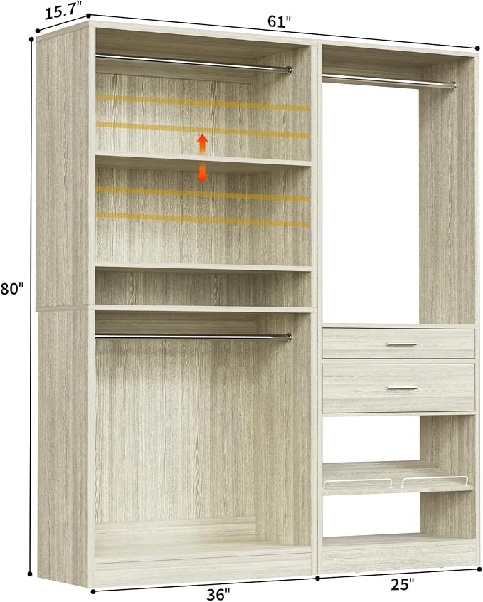 Unikito Closet System Set of 2, 5FT Closet Systems with 2 Wood Drawers, 61" Closet Organizer System with 3 Hanging Rods & 2 Shelves, Heavy Duty Walk-in Closet, White Oak (61" L x 16" W x 80" H)
