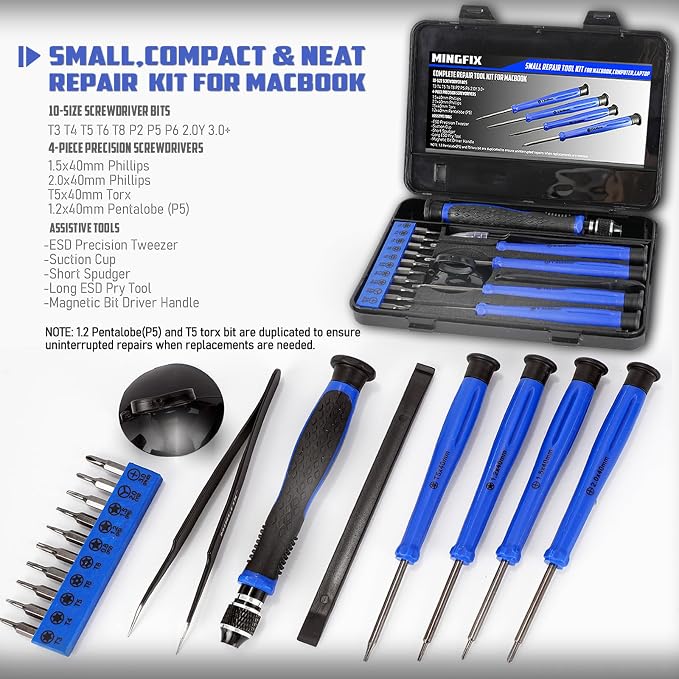 Repair Tool Kit for Apple Macbook,MINGFIX Macbook Pro/Air Screwdriver Set with P2 P5 P6 Pentalobe,T3 T4 T5 T6 T8 Torx,Ph000 Ph00 Ph0 Phillips & Y0 Screwdrivers for Teardown,Opening,Screen Replacement