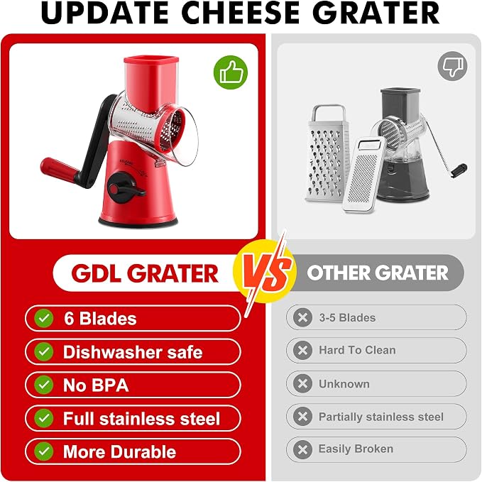 GDL Cheese Grater Hand Crank - Upgraded 6-in-1 Cheese Grater with Handle and Strong Suction Base, Multi-purpose Cheese Shredder Vegetable Slicer Ice Shaver for Potato, Vegetables, Nuts, Chocolate