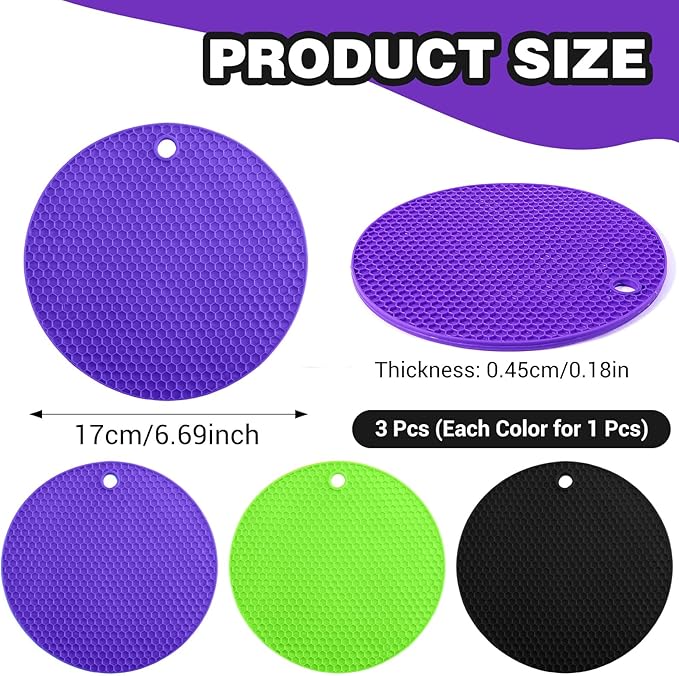 3Pcs Rubber Jar Opener,Round Large Jar Opener Gripper Pad,Multipurpose Kitchen Non-Slip Coasters for Weak Hands - 6.7x6.7inch (Black,Green,Purple)