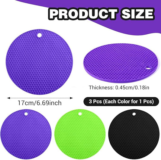 3Pcs Rubber Jar Opener,Round Large Jar Opener Gripper Pad,Multipurpose Kitchen Non-Slip Coasters for Weak Hands - 6.7x6.7inch (Black,Green,Purple)