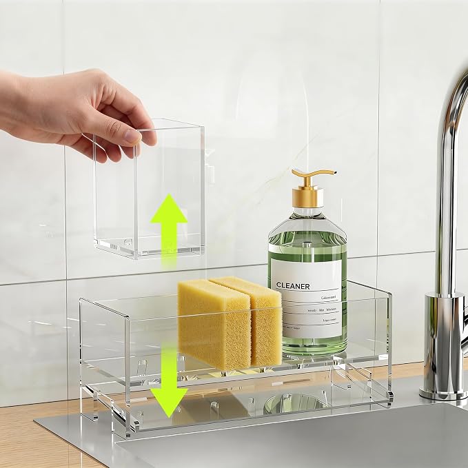Clear Acrylic Kitchen Sink Caddy Organizer, Auto Drain Sponge Holder | Holds high brush & dish soap dispenser. Countertop storage essentials keep your sink dry, rustproof & easy to clean.