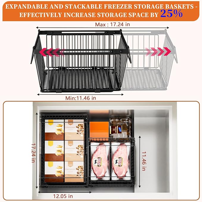 Large Freezer Organizer Bins，Upgraded Bottom Leak-Proof net，6 Pack， Expandable Stackable Chest Freezer Containers with Handle，for Fridge, Deep Freezer, Cabinet, Kitchen, Pantry (Black-6Pack)