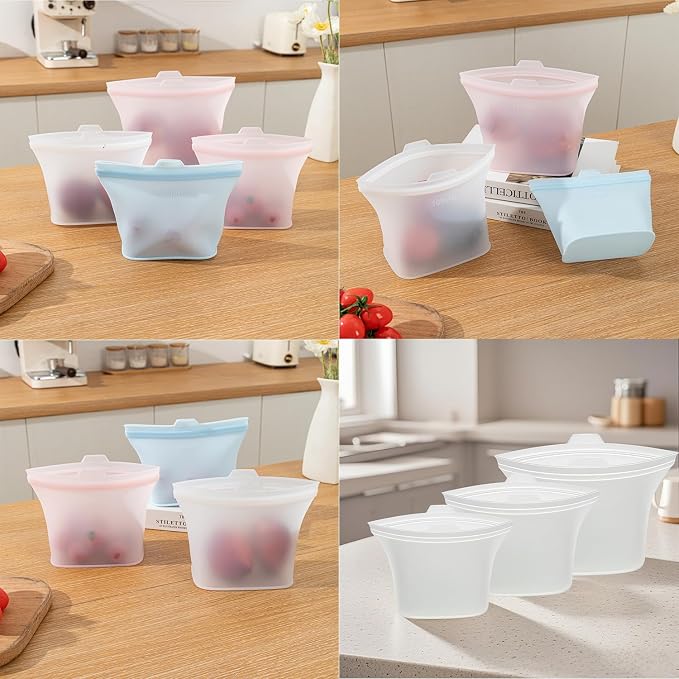 Food Grade Reusable Silicone Food Storage Bags, 3-Pack Leakproof Freezer Bags with 3 Sizes (51oz, 34oz, 17oz) | Microwave & Dishwasher Safe | Plastice & BPA Free | Airtight Seal for Food Preservation