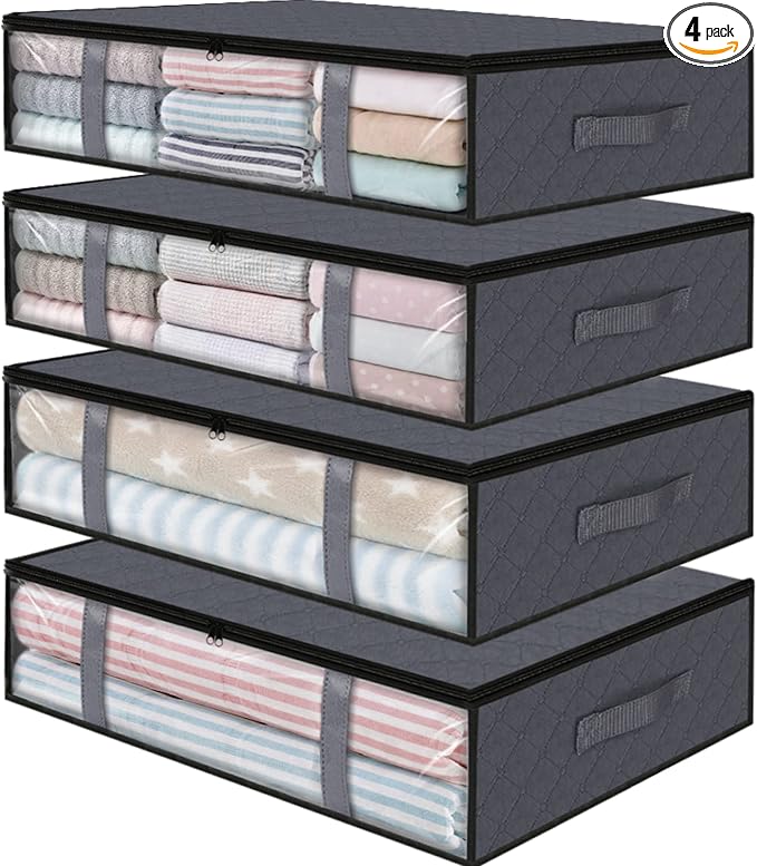 StorageRight Under Bed Storage Bags, 4 Pack, 40L, Gray | Breathable Non-Woven Fabric with a Clear Window and Zippered Top for Clothes, Comforters, Blankets and Seasonal Storage