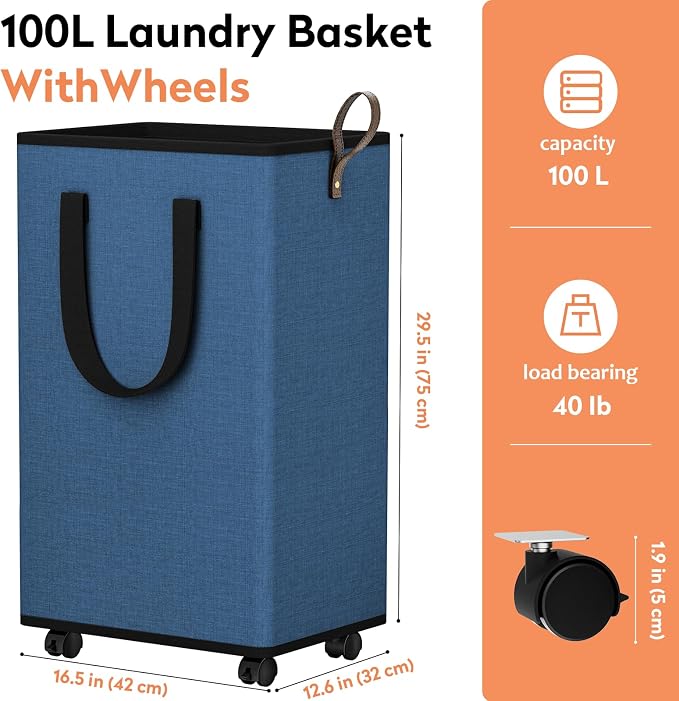 SpaceTrove Rolling Laundry Basket with Wheels, Laundry Hamper, 100L, Navy | Collapsible, 4 detachable wheels including 2 with brakes, sturdy handle, metal frame, for dorms, bathrooms and bedrooms