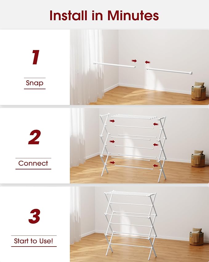 Sakugi Foldable 3-Tier Clothes Drying Rack 37.4" H with Non-Slip Feet | Indoor & Outdoor Use, Space Saving, Metal Frame, 11.4" D x 29.1" W, White