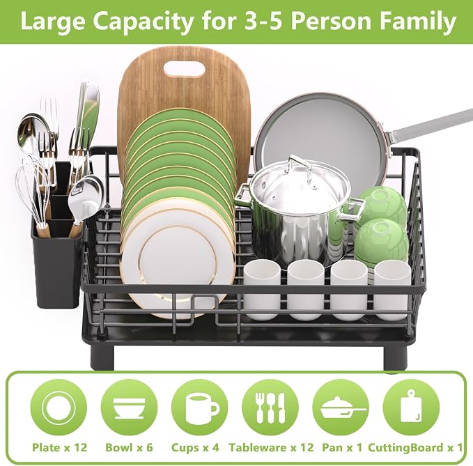 Dish Drying Rack for Kitchen Counter,Stainless Steel Drainers Rack with Detachable Cutlery Holder,Automatic Drainage System,Anti-Rust Dish Strainer Ideal for Families and Home