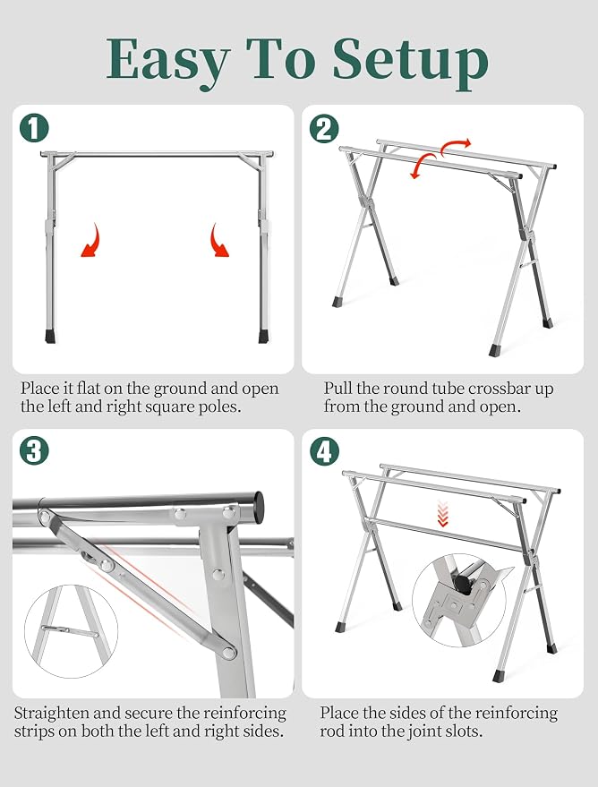 Folding Stainless Steel Laundry Drying Rack 63 Inches | Heavy-duty stainless steel, Foldable & Retractable, Holds up to 150 lbs, Includes 20 windproof hooks for indoor & outdoor use