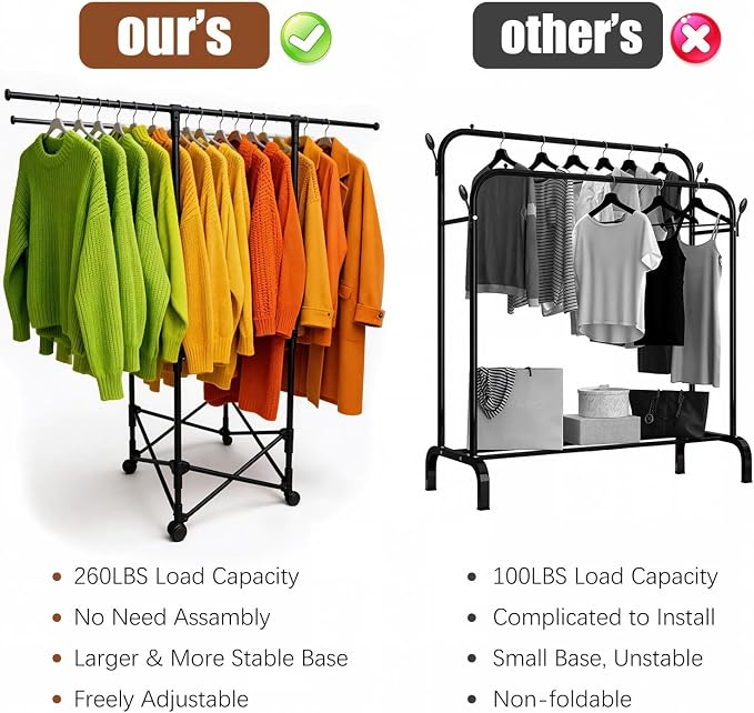 Clothes Rack Double Rods, Foldable Laundry Rack for Air Drying Clothing, Wardrobe Closet Rolling Sturdy Metal Garment Rack for Bedroom Laundry Living Room, Black