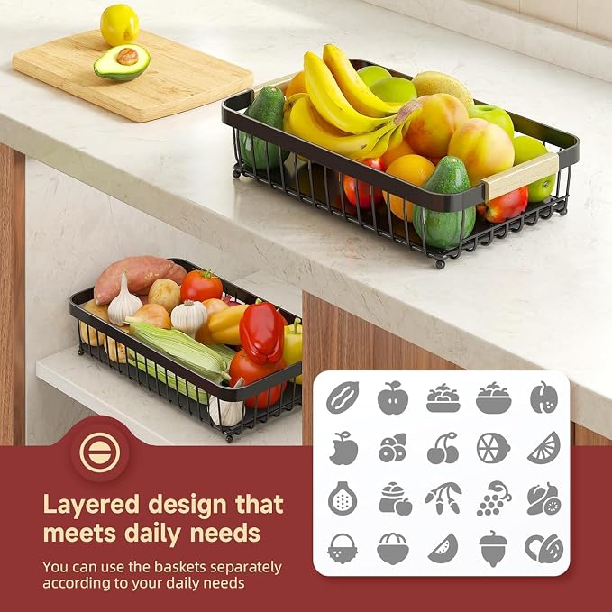 Sevenblue 2-Tier Fruit Basket with Banana Hangers, Detachable Metal Bowl | Wooden handle, protective mats included. Versatile holder for bread, snacks, and veggies. 2-Pack 2 tier metal design.