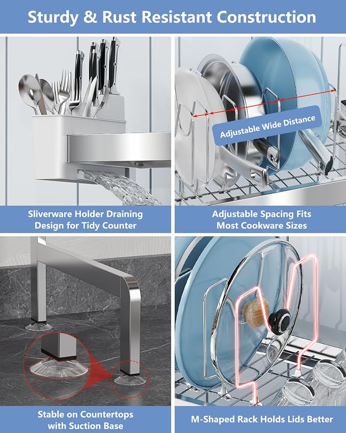 3 Tier Extra Large Over The Sink Dish Drying Rack, Expandable Stainless Steel Dish Drainer with Multifunctional Organizer, Space-Saving Above Sink Dish Rack with Large Capacity for Kitchen Counter