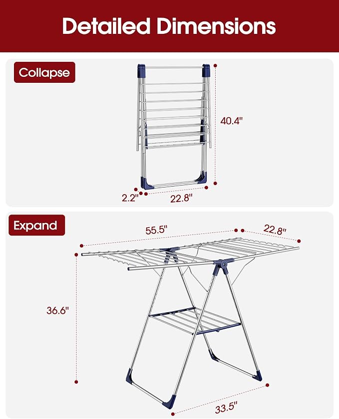 Sakugi Clothes Drying Rack, 55.5" Adjustable Wings, Foldable Design | Laundry Room, Bedroom, Outdoor & Indoor Use, Height Adjustable, Collapsible, Silver Blue, 55.5" L × 22.8" W