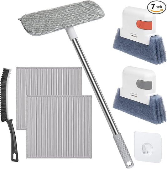 XANGNIER Window Screen Cleaner & Track Cleaning Kit-Mesh Screen Cleaner Brush with Extension Pole,Window Sill and Track Cleaner Tool Washing Equipment,28″Detachable Long-Reach Handle,Wet&Dry Dual-Use