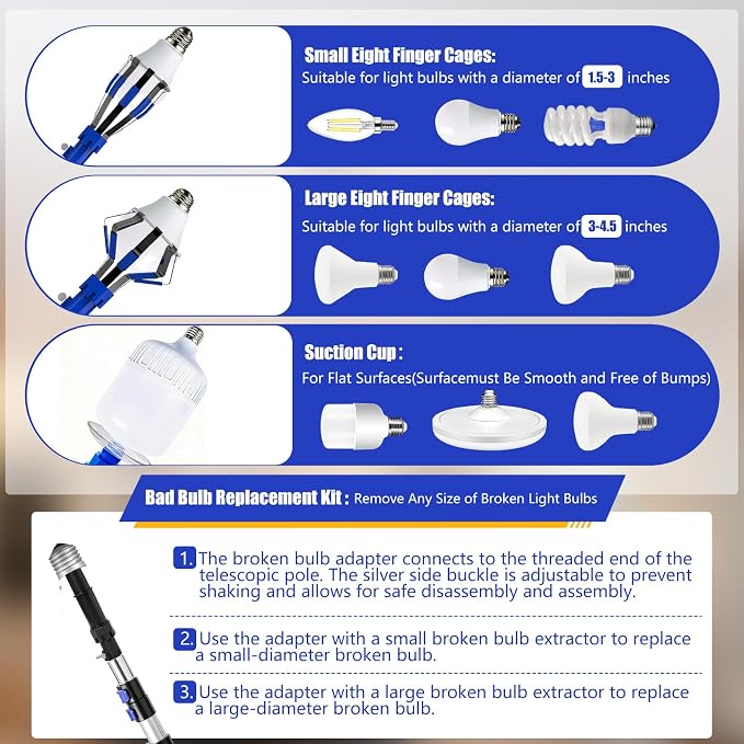 20FT Light Bulb Changer for High Ceilings Kit with Extension Pole Blue | Telescoping Lightbulb Changing Pole,Cobweb Brush Extendable Duster,Ceiling Fan Cleaner and Window Squeegee Cleaning