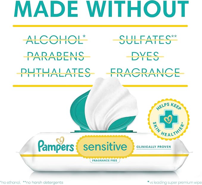 Pampers Sensitive Baby Wipes, Clinically Proven, Fragrance Free, Unscented, Water Based, Hypoallergenic, Multi-Use, Hand Wipes 1344 Wipes Total (24X Flip-Top Packs) [Packaging May Vary]