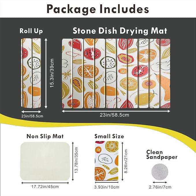 Large Stone Drying Mat for Kitchen Counter, 24"x16" Fast-Drying Super-Absorbent Diatomaceous Dish Drying Mat, Collapsible Dish Drying Stone for Dishes, Bottles, Cups, Any Countertop