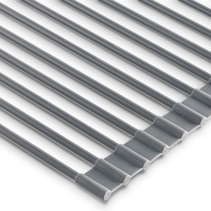 edge Roll Up Dish Drainer, Over The Sink Multi-Purpose Foldable Drying Rack, Silicone Coated Gray, Medium- 17" x 13.1"