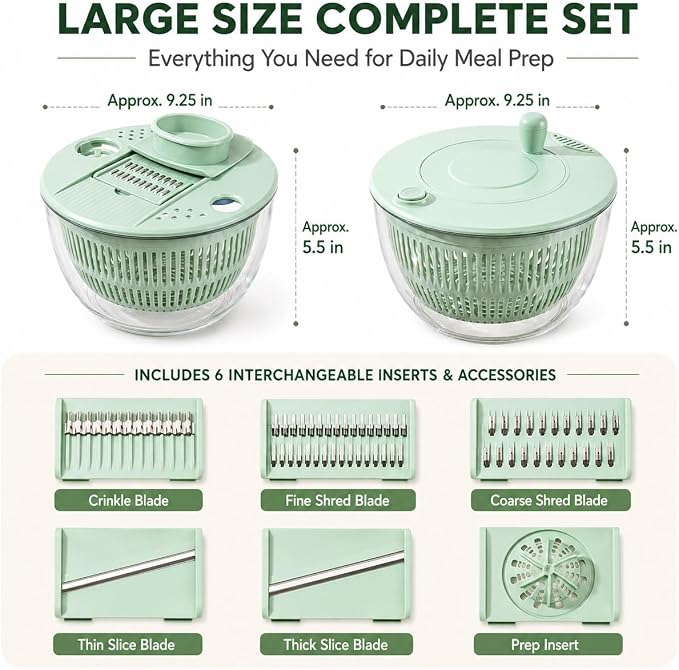 Multifunctional Salad Spinner with Slicer, 3 in 1 Vegetable Fruit Washer Dryer, Kitchen Chopper Tool Set with 5 Interchangeable Blades Egg Separator Large Lettuce Dehydrator | White-transparent