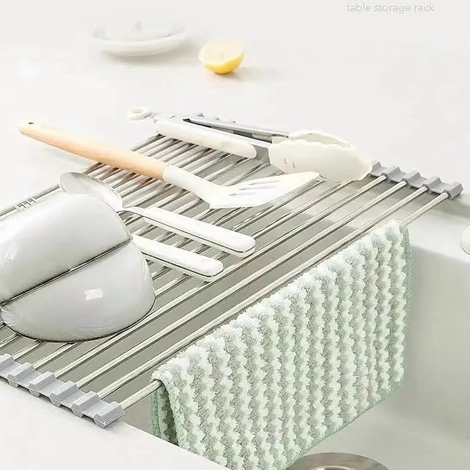Over-The-Sink Roll Up Dish Drying Rack, 18.5" x 13.5" Foldable Stainless Steel Dish Drainer Mat, Sink Cover & Heat-Resistant Kitchen Organizer (Grey)