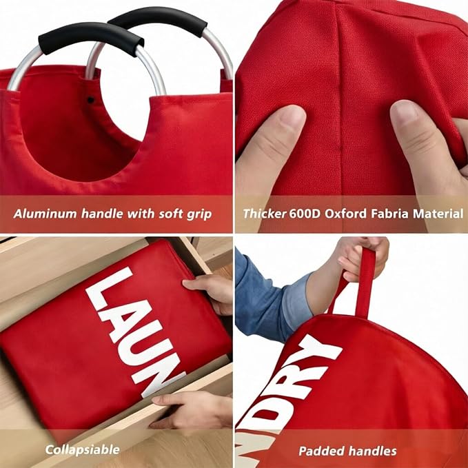 Maxsilan 90L Large Laundry Basket Bag, Collapsible Tall Hamper, Red | Freestanding tall laundry bag & foldable washing basket. Extra large clothes storage bin with durable sturdy handles