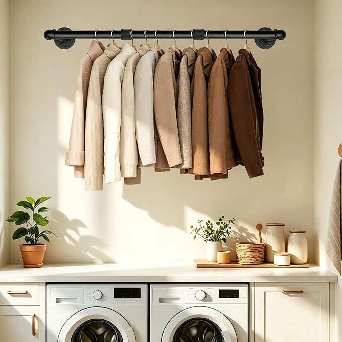 Industrial Iron Pipe Clothes Hanging Bar DIY Wall-Mounted Garment Rack Heavy Duty Clothing Rack for Bedroom, Laundry Room, Closet Storage (Black 36 inch)