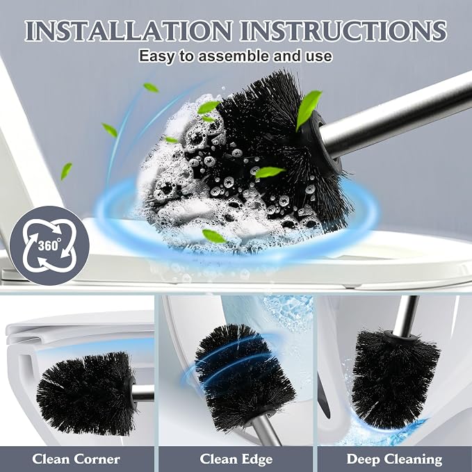 Toilet Brush and Holder Set,Stainless Steel Toilet Bowl Brush and Holder for Bathroom,Hidden Toilet Bowl Brush with 2 Heads,Heavy Duty Cleaner Brush with Removable Inner Bowl and Splash Protection